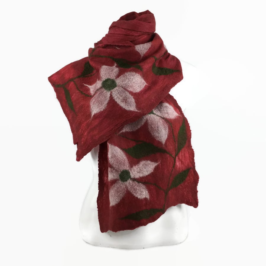 Merino wool scarf, nuno felted floral scarf in dark red