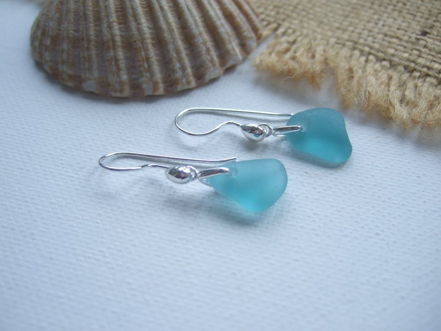 Japanese Sea Glass Earrings, Aqua Sea Foam Beach Found Glass, Sterling