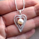 Sterling Silver Twisted Cauliflower 18 Inch Chain & Pearl & Topaz Heart Pendant