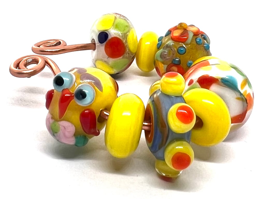 Artisan Lampwork Glass Beads – Cheerful Yellow Owl & Summer Meadow Set