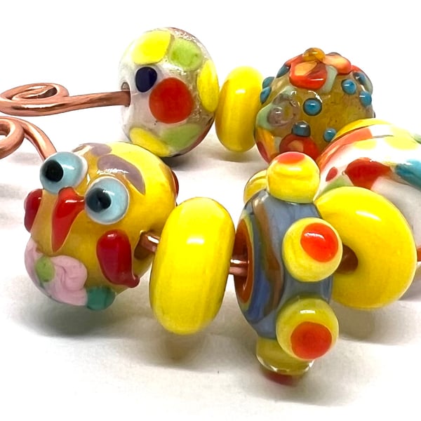 Artisan Lampwork Glass Beads – Cheerful Yellow Owl & Summer Meadow Set