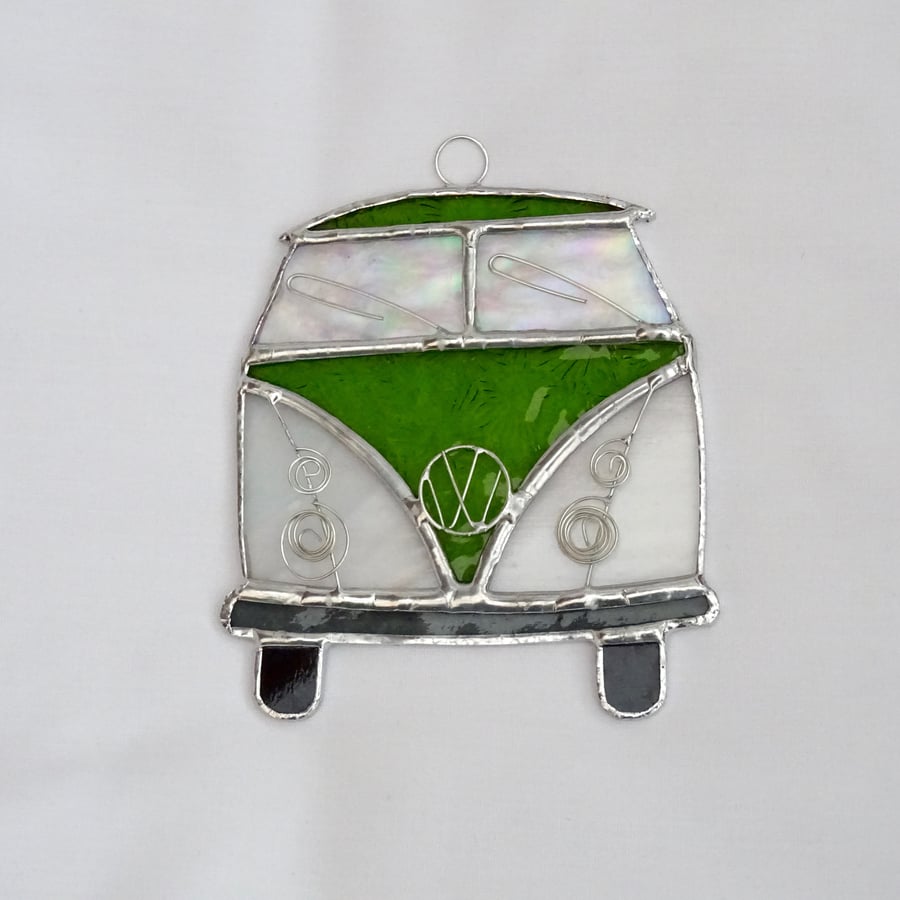 Stained Glass Camper Van Suncatcher - Handmade Hanging Decoration Lime and White