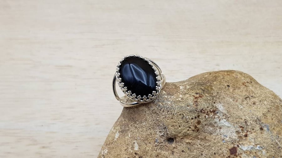 Adjustable Black Onyx Ring. December birthstone. Reiki jewelry. 7th anniversary 