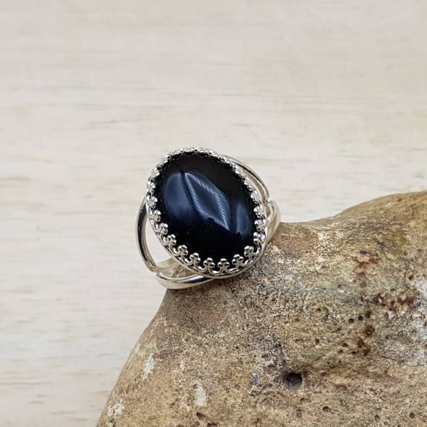 Adjustable Black Onyx Ring. December birthstone. Reiki jewelry. 7th anniversary 