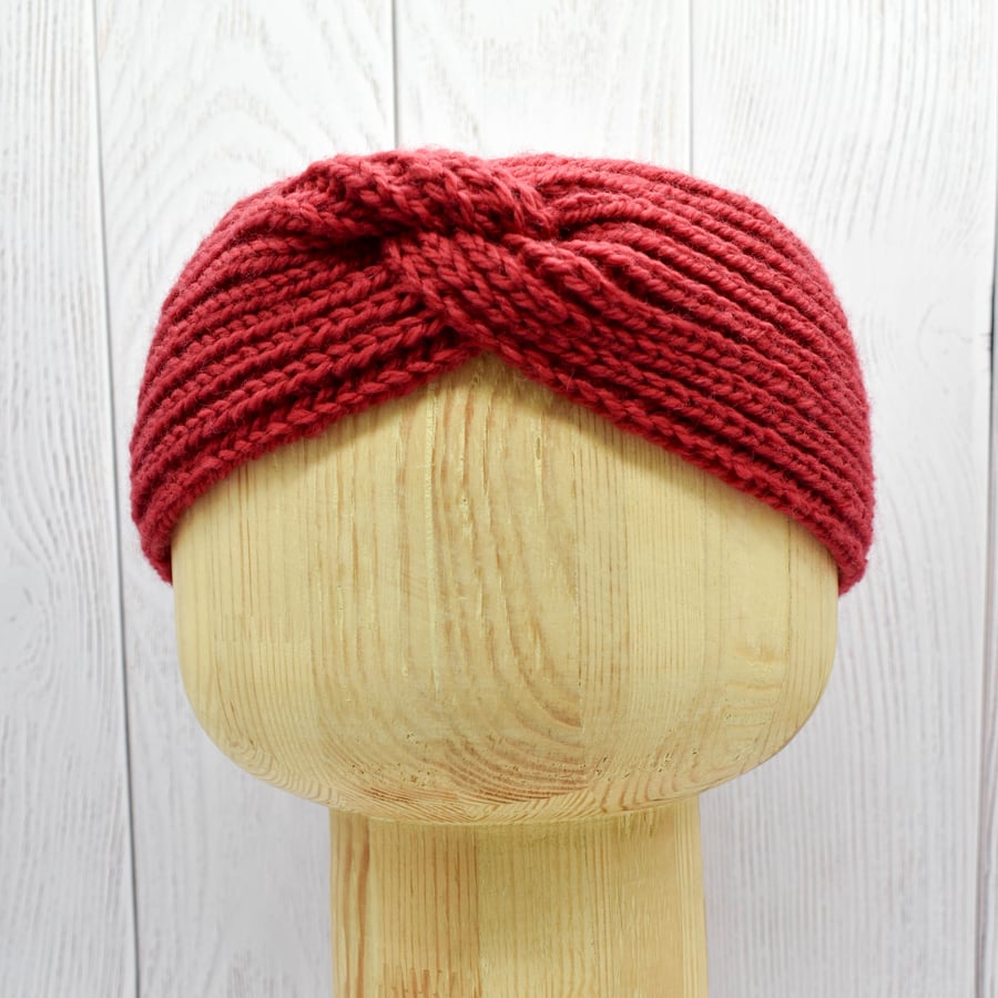 SOLD Hand Knitted headband ear warmers in brick red wool adult M