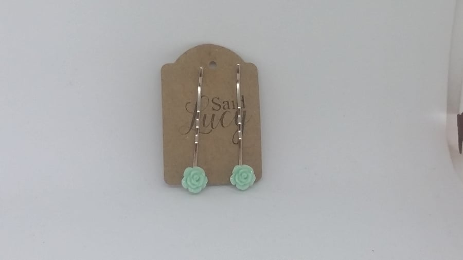 Green flower hair clips tiny bobby pins SALE