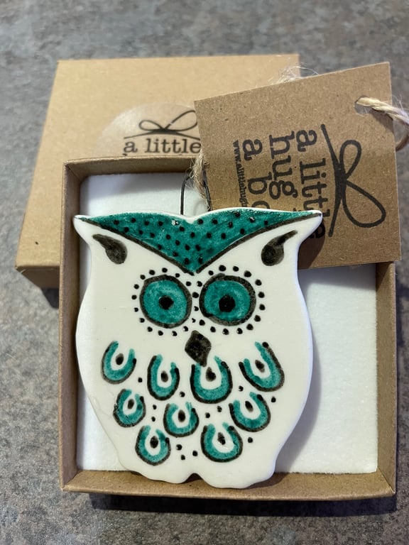A little hug in a box teal owl porcelain gift 