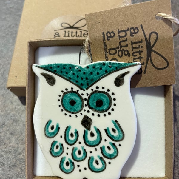 A little hug in a box teal owl porcelain gift 