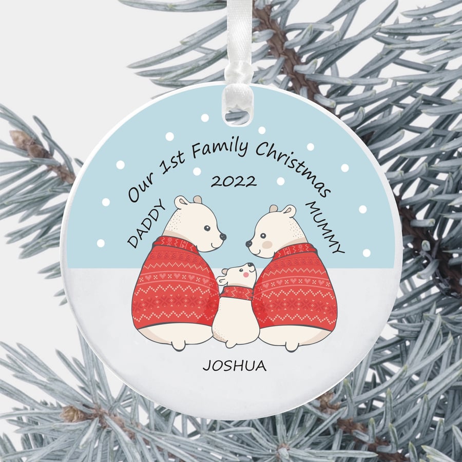 Personalised First Christmas as a Family Tree Decoration - Polar Bear Design