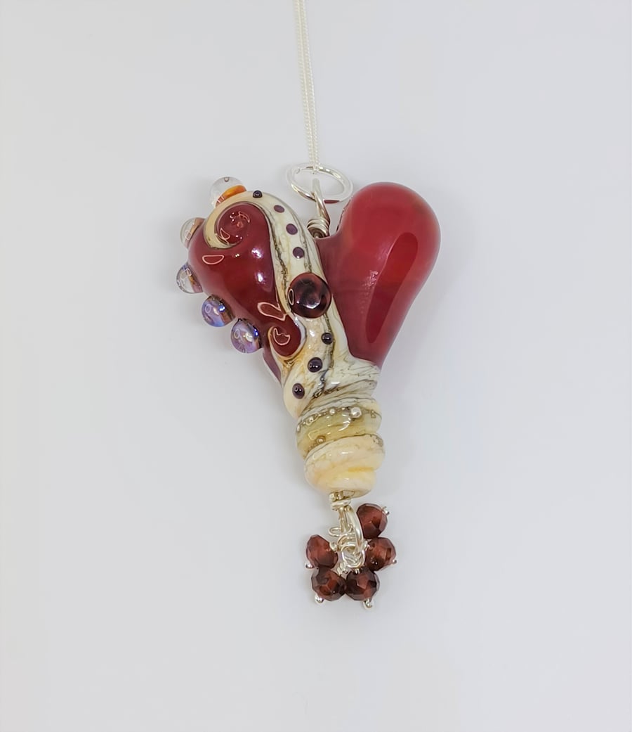 Red Lampwork Glass Heart Pendant with Garnets on Sterling Silver Chain