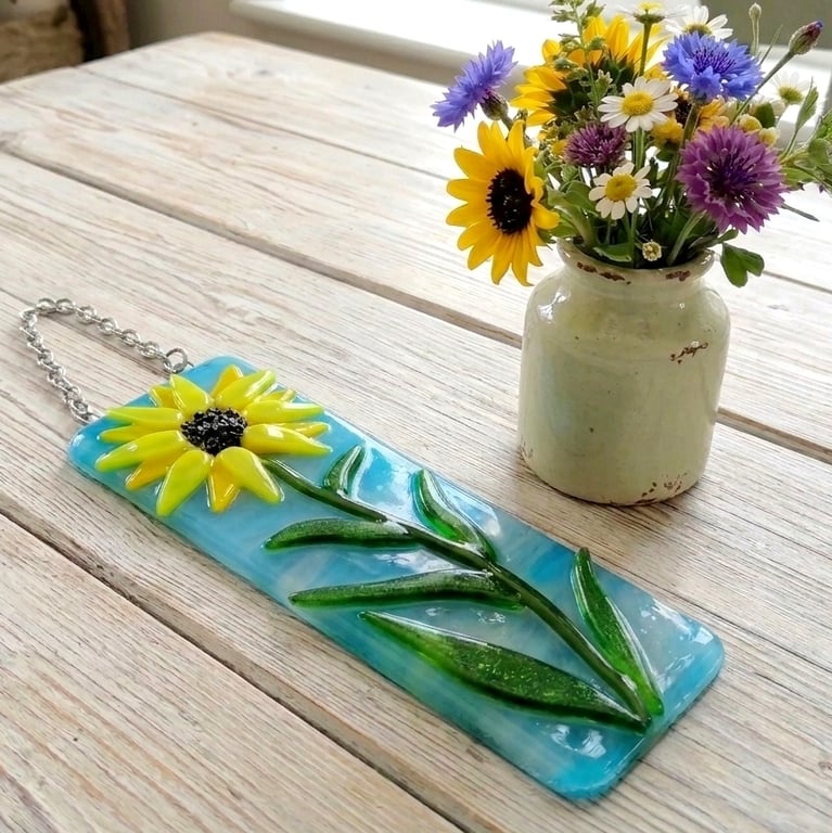 Handmade Fused Glass Sunflower Hanging Picture - Suncatcher - Flower Wall Art  