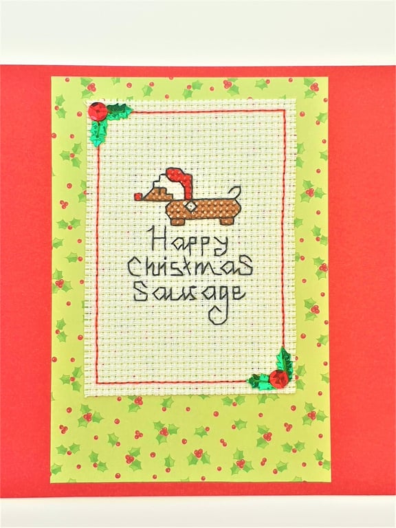 Christmas Daschund Sausage Dog Cross stitch card