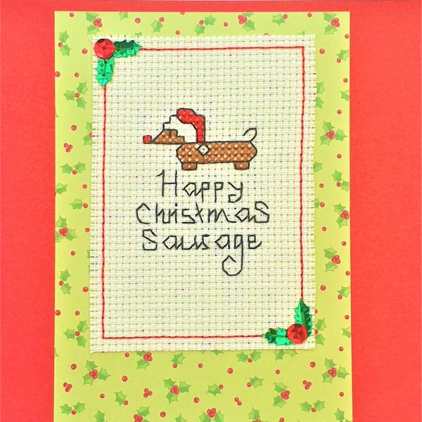 Christmas Daschund Sausage Dog Cross stitch card