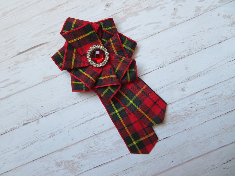 Wallace Red Modern and Black Tartan Ruffle Rosette Mini Brooch Pin