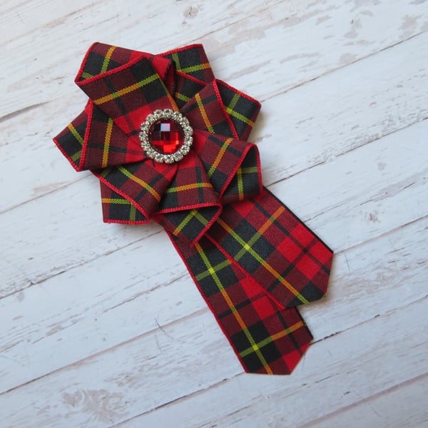 Wallace Red Modern and Black Tartan Ruffle Rosette Mini Brooch Pin