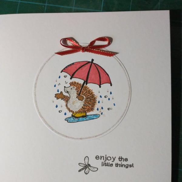Cute hedgehog in the rain birthday card 