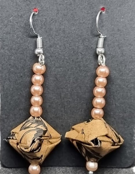 Origami earrings: brown, black paper and small beads