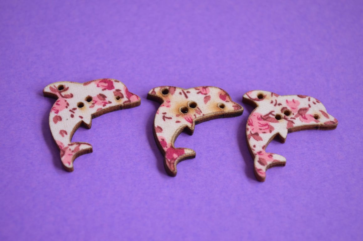 Wooden Dolphin Floral Buttons Pink 3pk 32x20mm Sea Nautical Flowers (DP1)