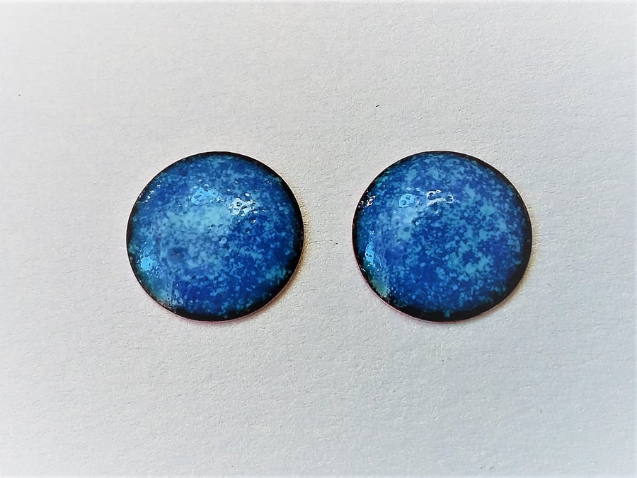 Large stud earrings in variegated blue enamel on copper 193