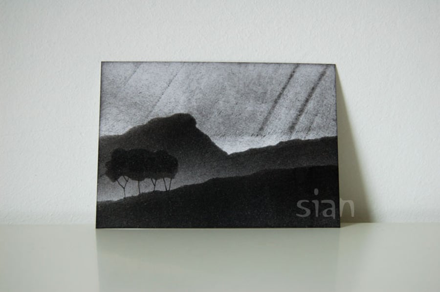 Mountain landscape with trees (monochrome) - Original ACEO