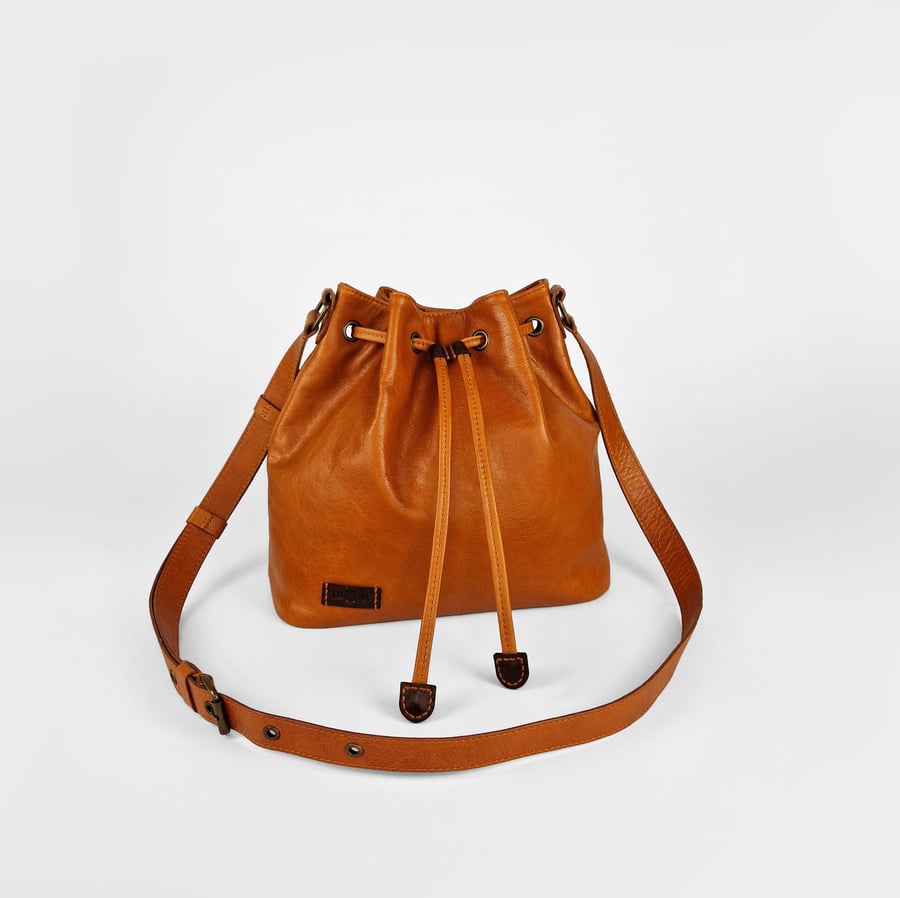 Leather Orange Bucket - Crossbody Shoulder Bag - Womens Drawstring - Gift 