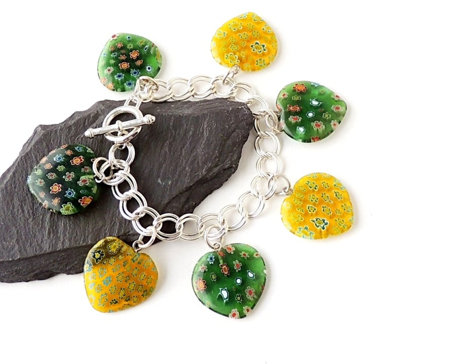 Yellow & Green Hearts Bracelet with Toggle Clasp - 7" Long  703