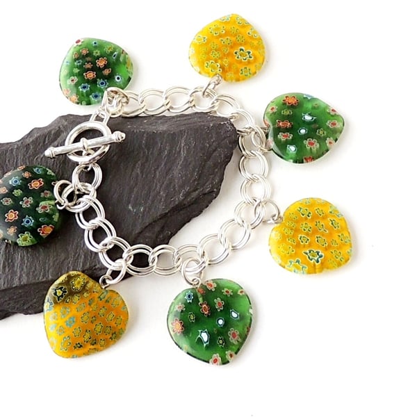 Yellow & Green Hearts Bracelet with Toggle Clasp - 7" Long  703
