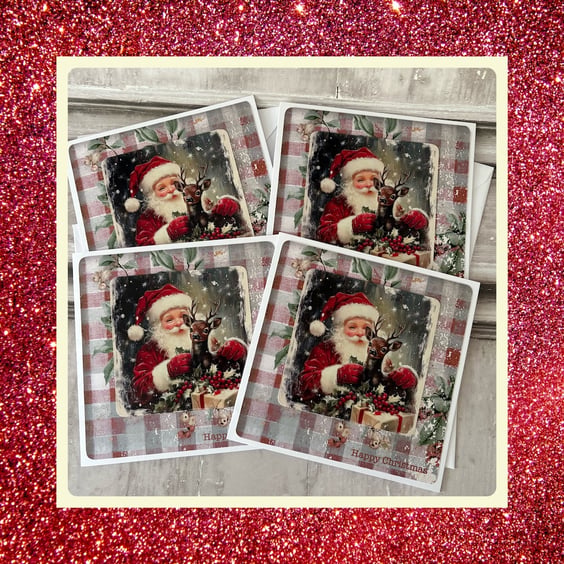 Holidays - Set of 4 Father Christmas & Deer Christmas Cards - C290