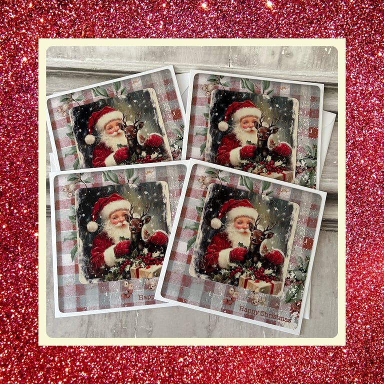 Holidays - Set of 4 Father Christmas & Deer Christmas Cards - C290