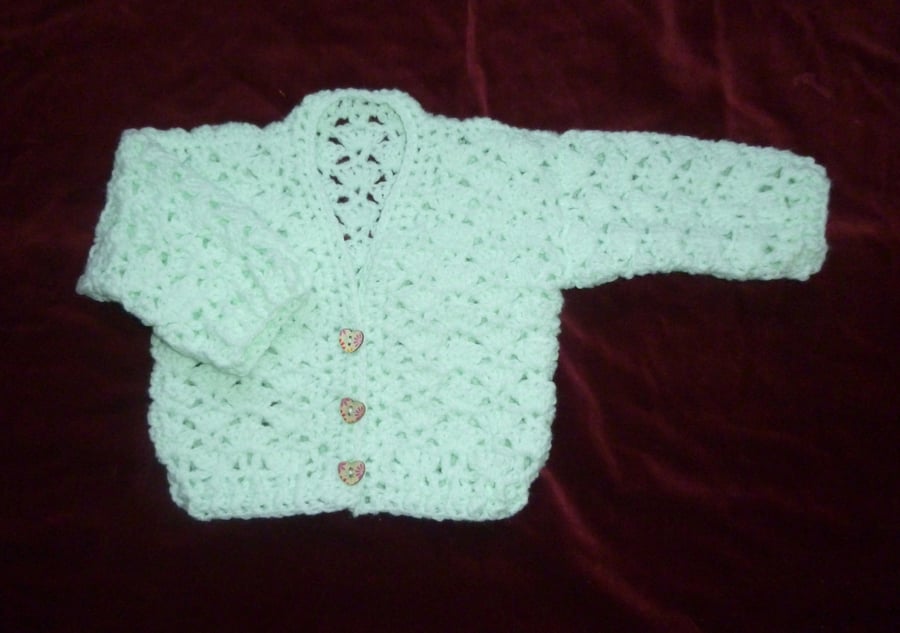 lacy mint green crocheted baby V neck cardigan ( ref FA 8 G1 )