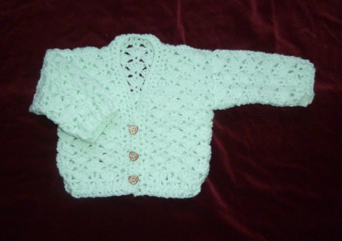 lacy mint green crocheted baby V neck cardigan ( ref FA 8 G1 )
