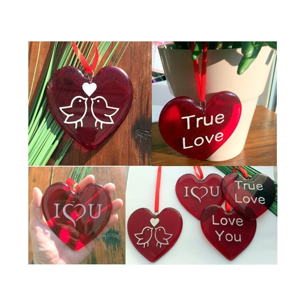 Handmade Fused Glass Red Personalised Love Heart - Hanging Decoartion