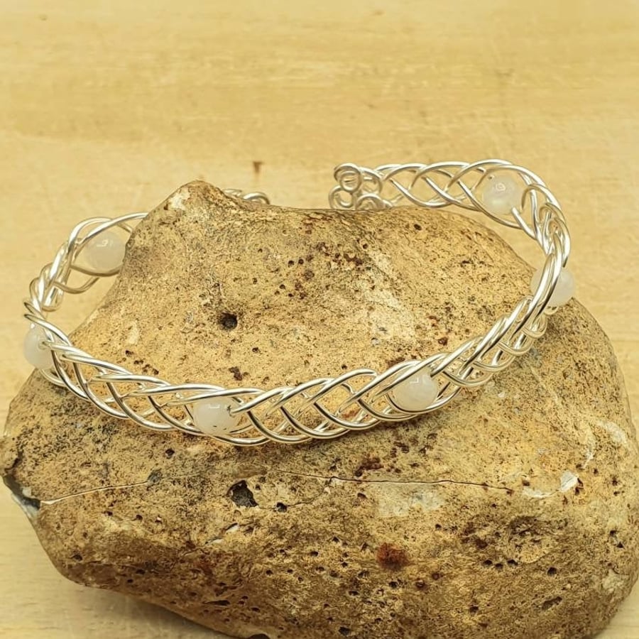 Celtic weave rainbow moonstone cuff bracelet. June birthstone.