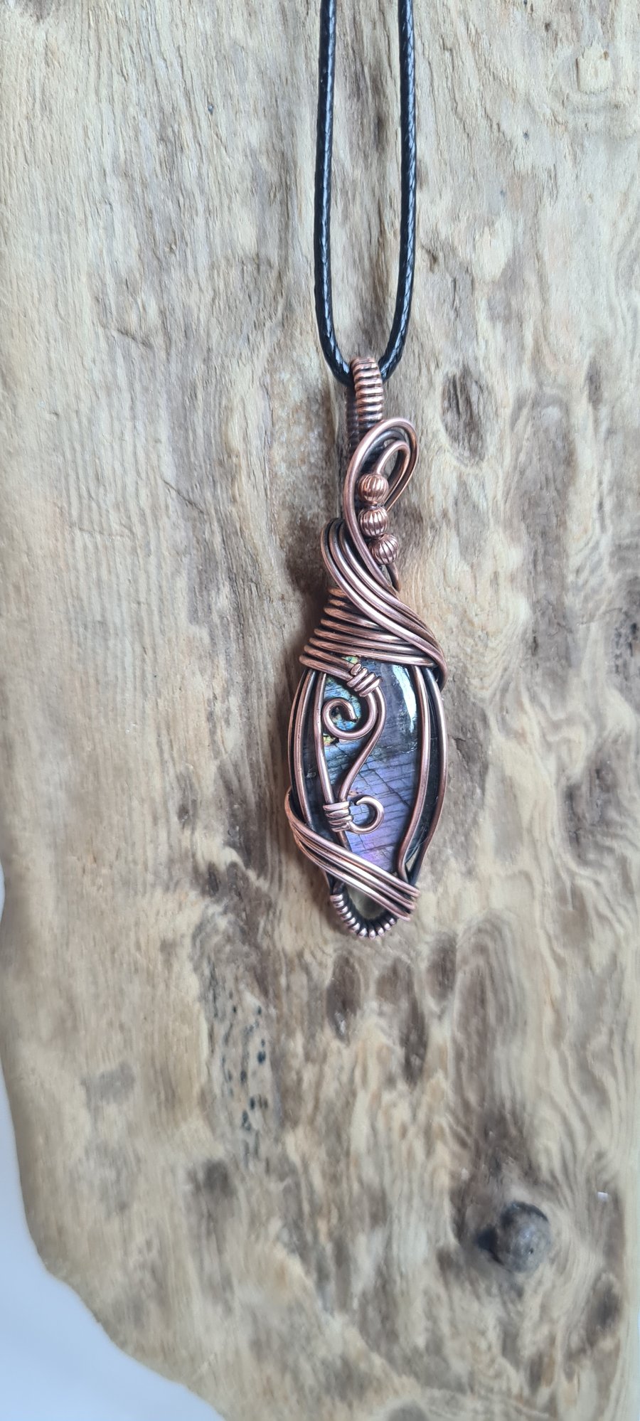 Natural Purple Labradorite & Copper Pendant Necklace Gift Crystal Jewellery