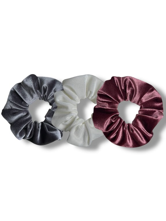 Set of 3 - Grey, Ivory & Grape Velvet Scrunchies - Large