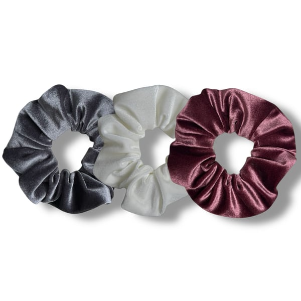 Set of 3 - Grey, Ivory & Grape Velvet Scrunchies - Large