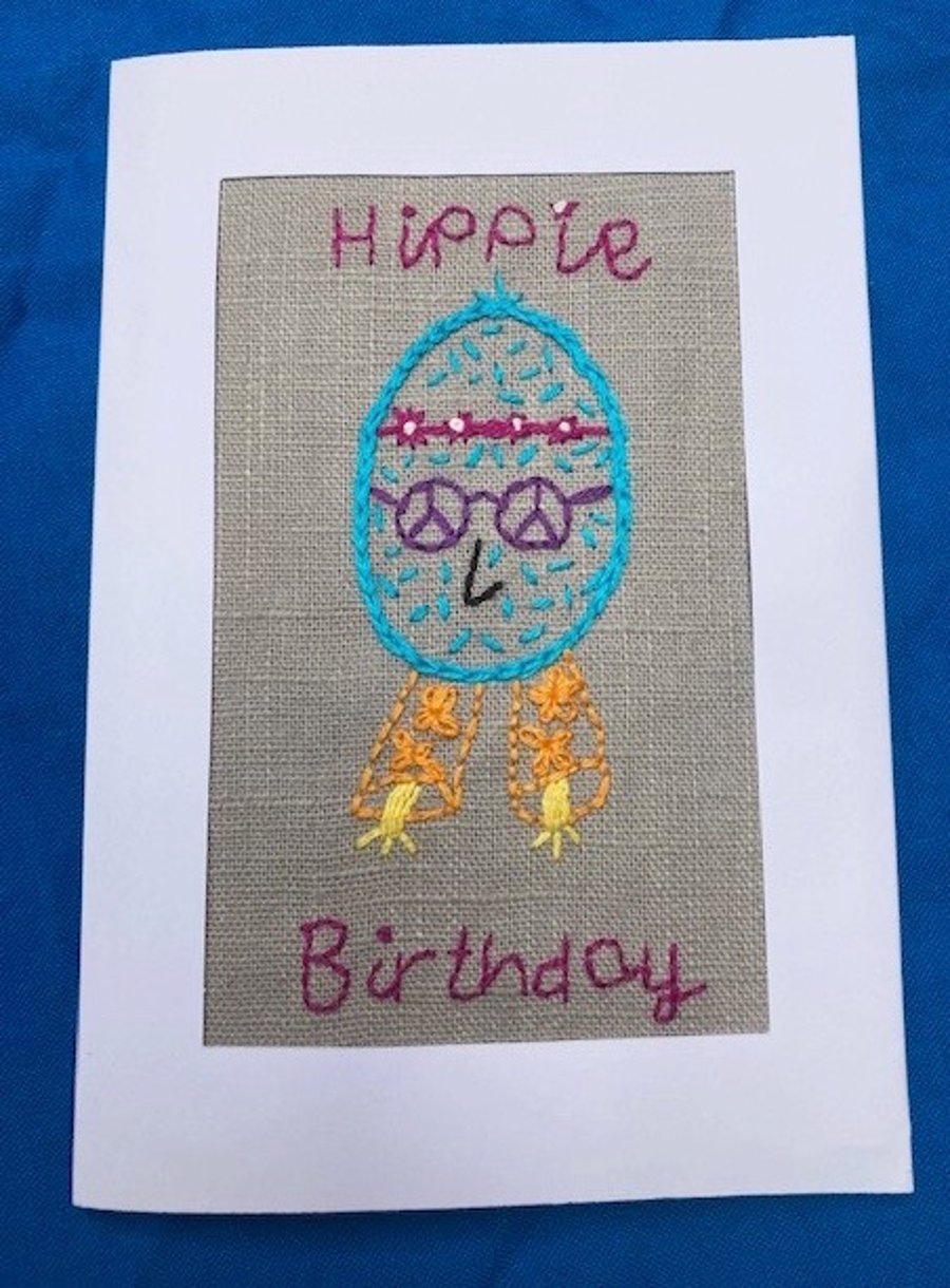 Happy hippie embroidered birthday card.