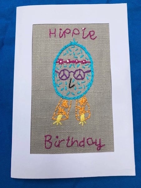 Happy hippie embroidered birthday card.