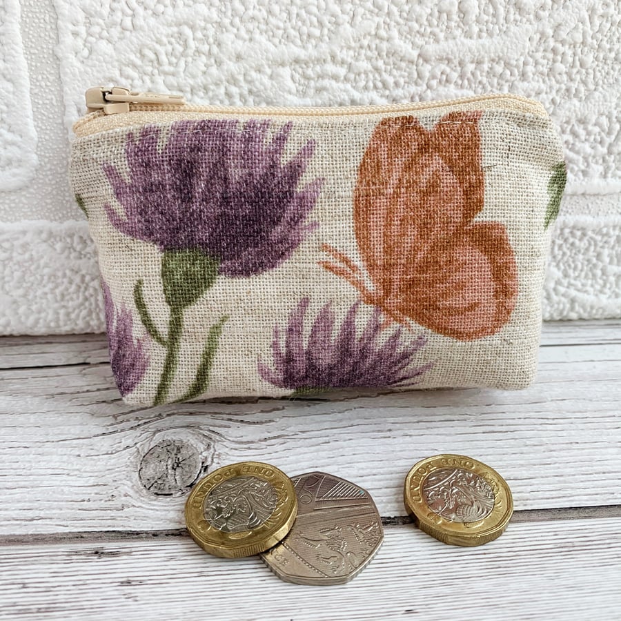 Small purse, coin purse with butterfly and purple clover