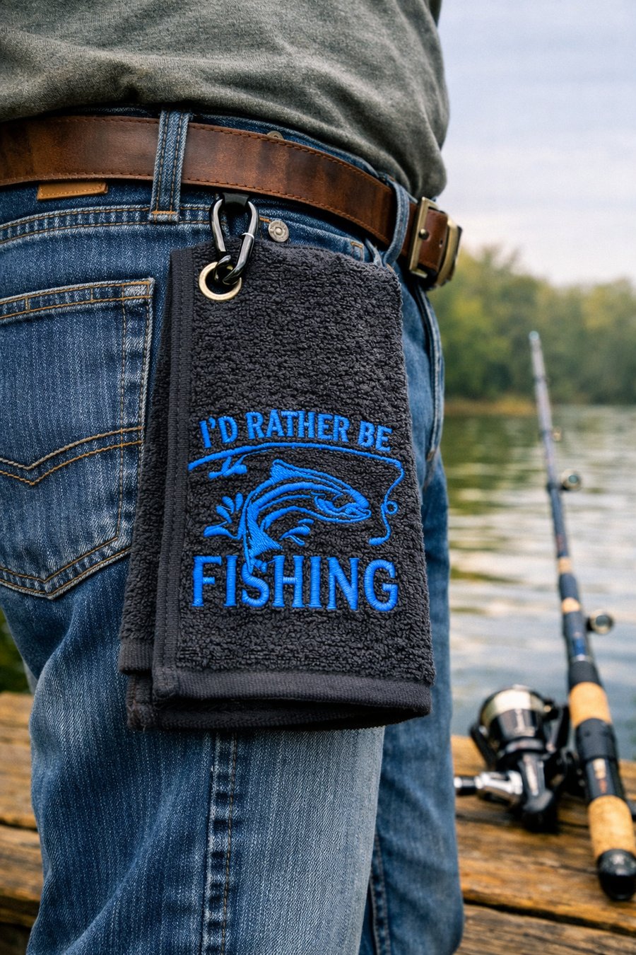 I'd Rather Be Fishing Embroidered Clip-On small 30x50cm Towel – Black & Blue