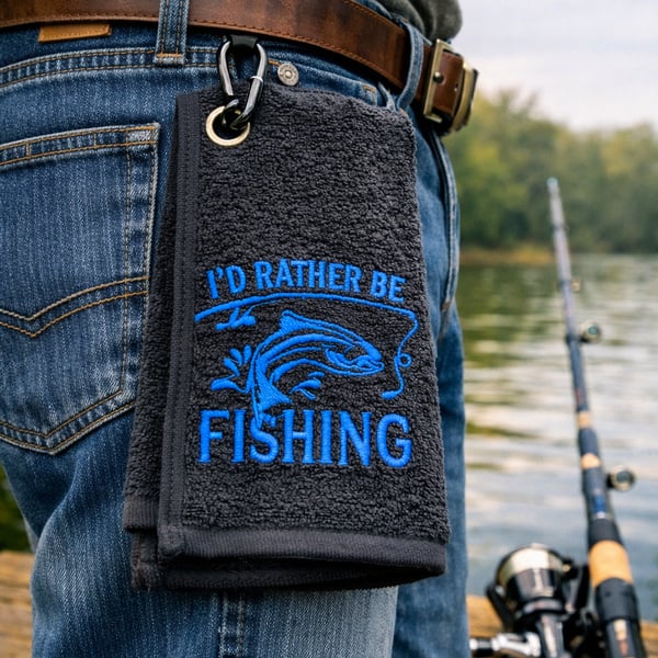 I'd Rather Be Fishing Embroidered Clip-On small 30x50cm Towel – Black & Blue