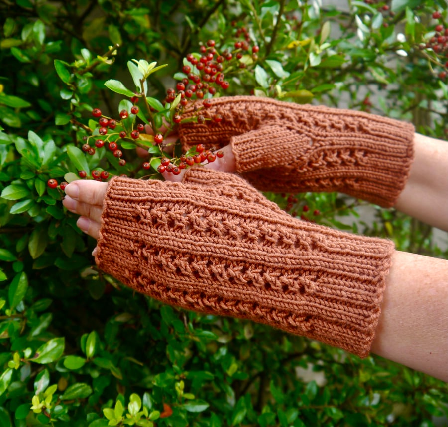 Merino Hand Knitted Fingerless Gloves, Cinnamon Fingerless Mitts