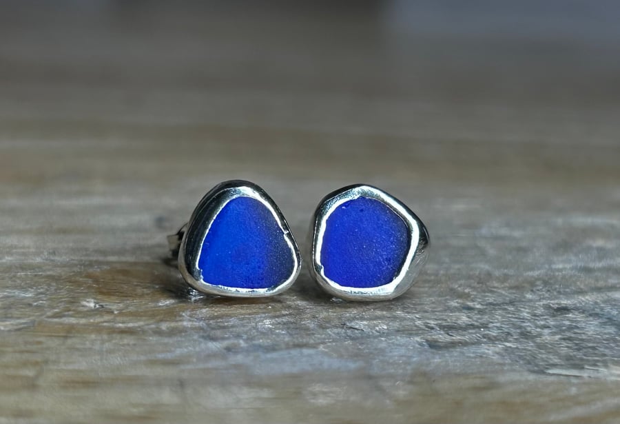 Handmade Sterling & Fine Silver Stud Earrings with Cobalt Blue Welsh SeaGlass