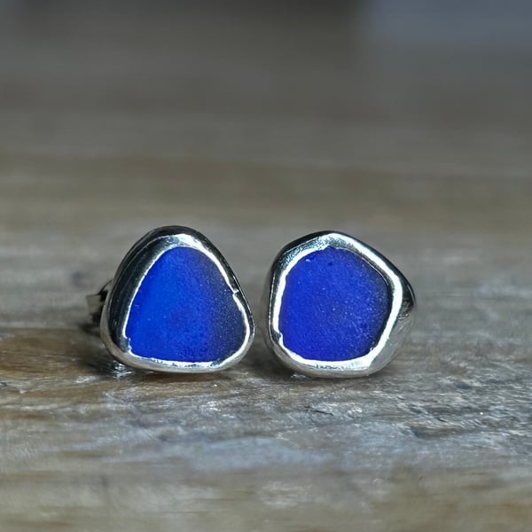 Handmade Sterling & Fine Silver Stud Earrings with Cobalt Blue Welsh SeaGlass