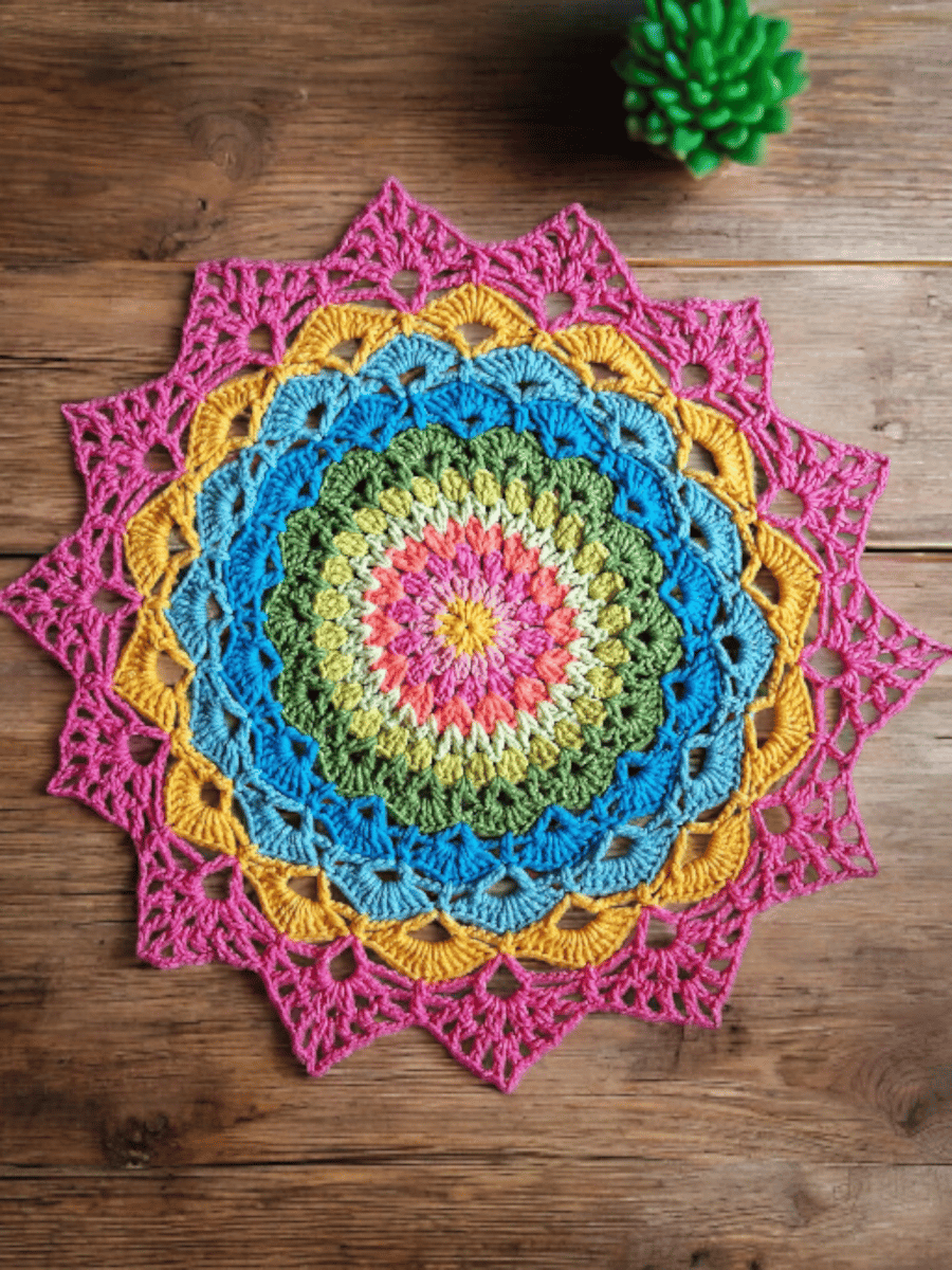 Large, bright crochet mandala doily table mat