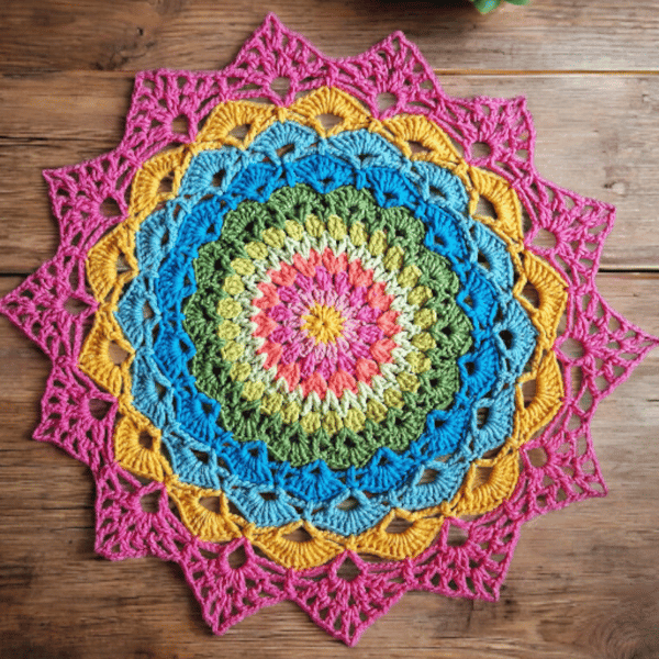Large, bright crochet mandala doily table mat