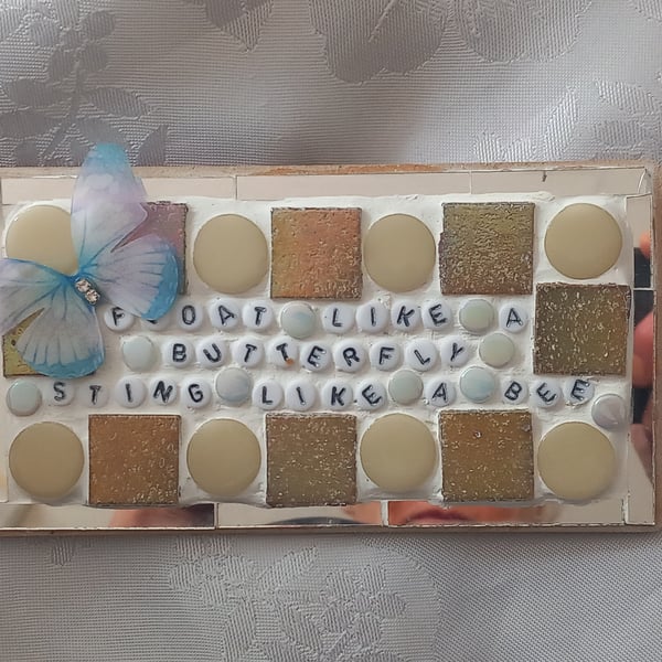 BUTTERFLY Mosaic plaque. Quirky. Float like a butterfly.