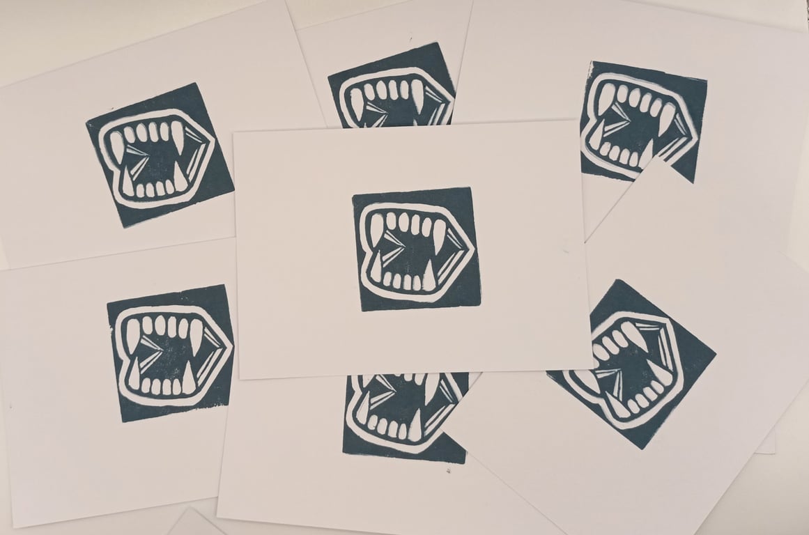 A6 Postcard, Vampire Fangs linocut, hand printed