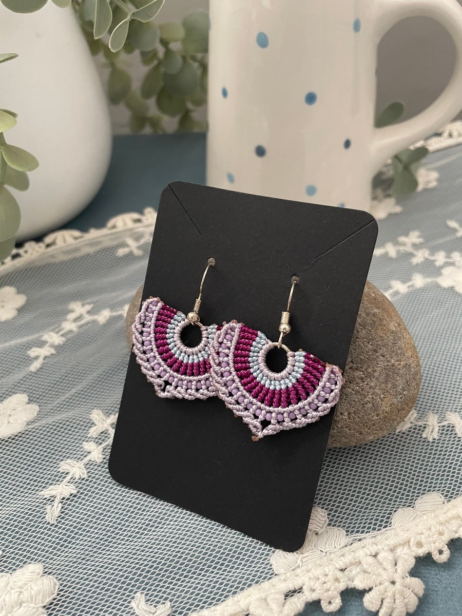 Earrings, Boho dangle hoop macrame beaded woven macrame fan shape earrings