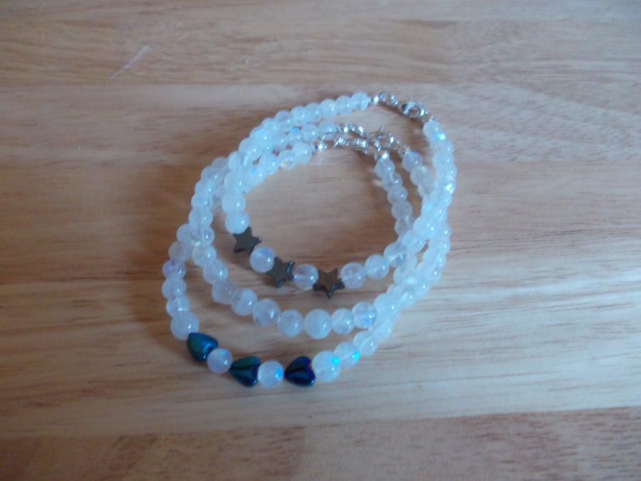 Moonstone and haematite stacker bracelets